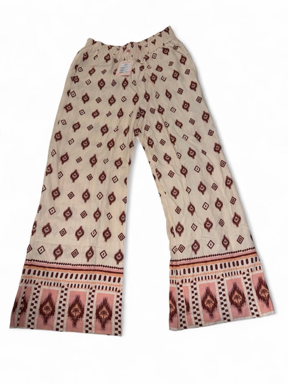 Cacay Cream Wide-Leg Printed Pants with Pink & Brown Border